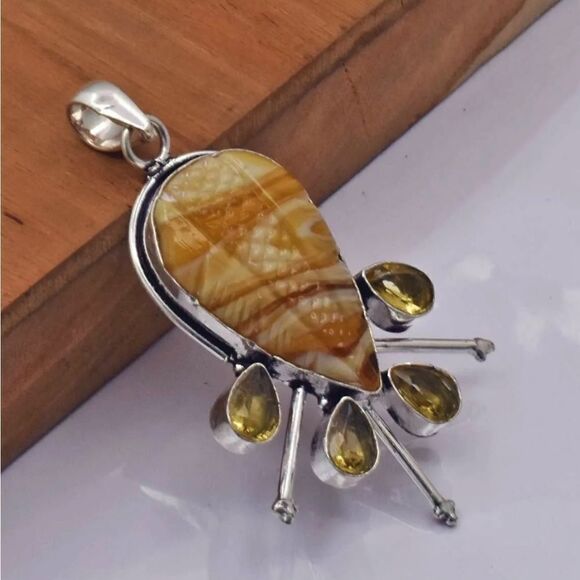 Carved Botswana Agate Citrine Ethnic Handmade Pendant Jewelry 2.72" - Picture 6 of 6